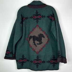 Vintage Coldwater Creek Wool Green Equestrian Cowichan Cardigan Sweater Large